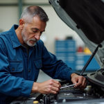 Mécanicien homme en bleu examinant un moteur auto