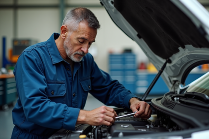 Mécanicien homme en bleu examinant un moteur auto