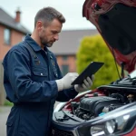 Mécanicien homme utilisant un diagnostic sur une voiture