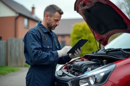 Mécanicien homme utilisant un diagnostic sur une voiture