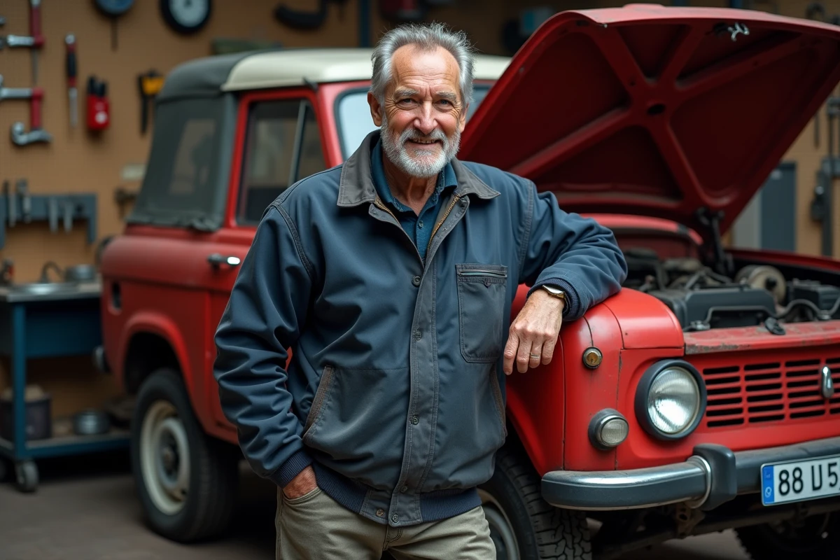 Un mécanicien français passionné s'appuie fièrement sur une LADA Niva rouge dans son garage, illustrant l'attachement durable des Français à la marque soviétique