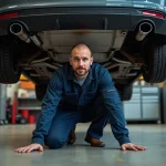 Mécanicien professionnel inspectant le filtre à particules sous un véhicule diesel dans un atelier automobile