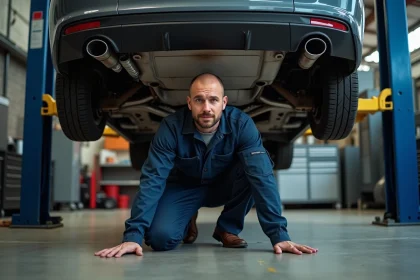 Mécanicien professionnel inspectant le filtre à particules sous un véhicule diesel dans un atelier automobile