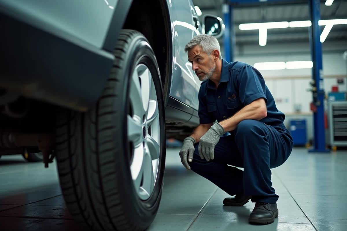 Mécanicien inspectant un pneu monté dans un garage automobile Centrale Pneus
