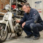 Mécanicien inspectant un moteur de Mobylette vintage dans un atelier de réparation authentique