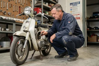 Mécanicien inspectant un moteur de Mobylette vintage dans un atelier de réparation authentique