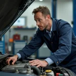 Mécanicien expliquant les parties d'un moteur de voiture dans un garage automobile