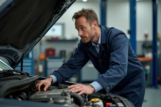 Mécanicien expliquant les parties d'un moteur de voiture dans un garage automobile