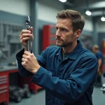 Mécanicien automobile professionnel tenant une clé à cliquet haut de gamme dans un atelier bien équipé avec outillage premium organisé
