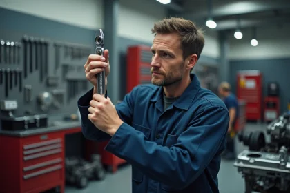 Mécanicien automobile professionnel tenant une clé à cliquet haut de gamme dans un atelier bien équipé avec outillage premium organisé