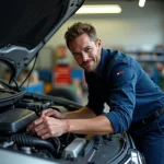 Mécanicien consultant le numéro VIN sur une plaque moteur dans un garage automobile professionnel