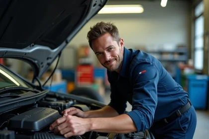 Mécanicien consultant le numéro VIN sur une plaque moteur dans un garage automobile professionnel