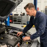Mécanicien professionnel inspectant le moteur d'un Citroën C3 Aircross dans un garage moderne