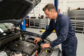 Mécanicien professionnel inspectant le moteur d'un Citroën C3 Aircross dans un garage moderne