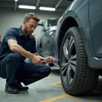 Mécanicien inspectant la profondeur des rainures d'un pneu usé avec une jauge de profondeur dans un garage automobile