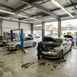 Vue d'ensemble d'un garage automobile professionnel dans le Val-de-Marne avec mécaniciens au travail