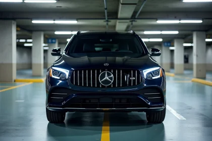 Mercedes-Benz GLC en stationnement souterrain d'entreprise, vue 3/4 avant sur fond de parking moderne