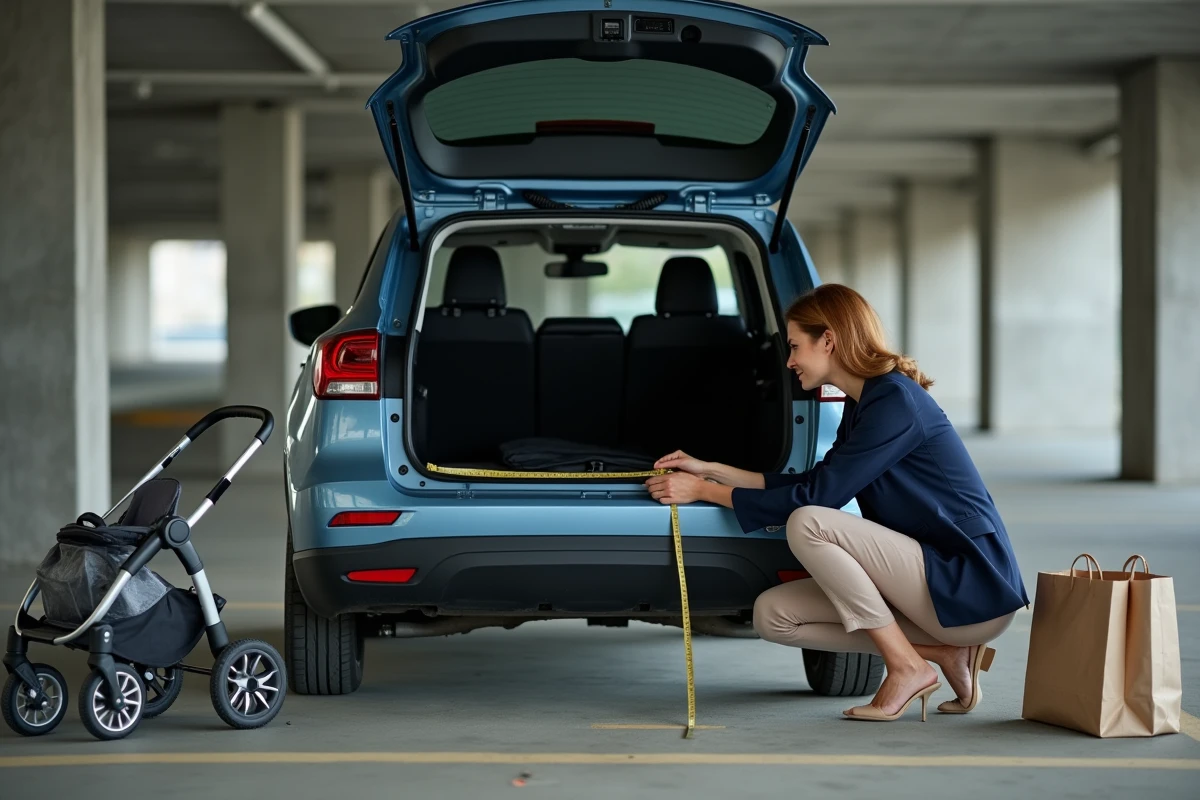 Femme mesurant les dimensions intérieures du coffre d'un hayon dans un parking souterrain