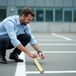 Un urbaniste mesurant les dimensions d'une place de parking avec un mètre ruban sur un parking extérieur en asphalte