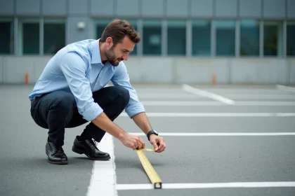 Un urbaniste mesurant les dimensions d'une place de parking avec un mètre ruban sur un parking extérieur en asphalte