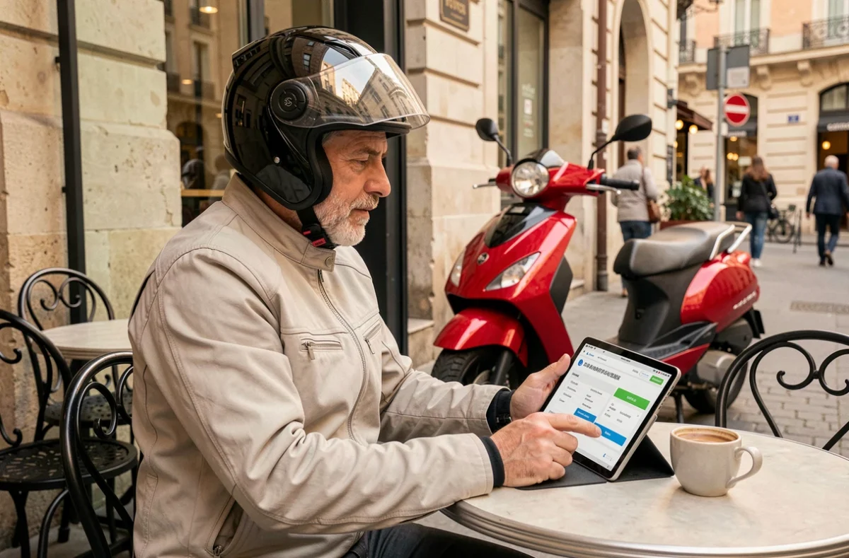 Motard consultatnt un comparateur d'assurance scooter 3 roues sur tablette en terrasse de café à Lyon