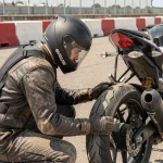 Motard inspectant les pneus de sa Suzuki GSX 750 dans le paddock d'un circuit lors d'une journée piste