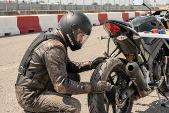 Motard inspectant les pneus de sa Suzuki GSX 750 dans le paddock d'un circuit lors d'une journée piste