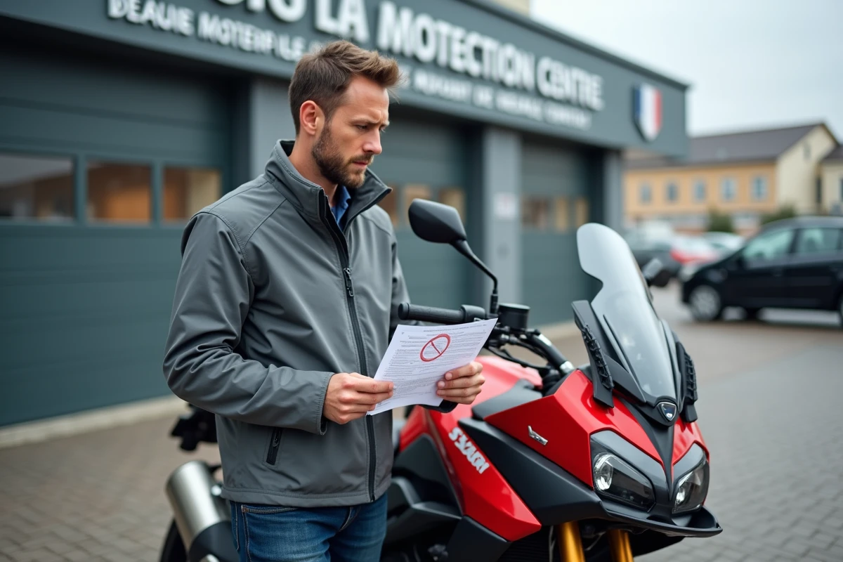 Motard tenant un rapport de contrôle technique refusé devant un centre de contrôle moto officiel
