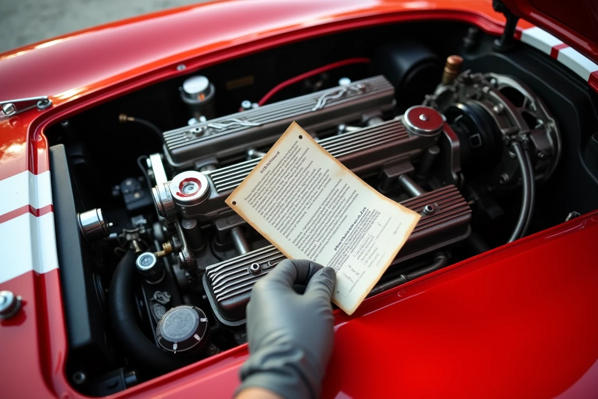 Détail du compartiment moteur d'une Cobra rouge avec un rapport d'historique véhicule, symbole des vérifications essentielles avant achat
