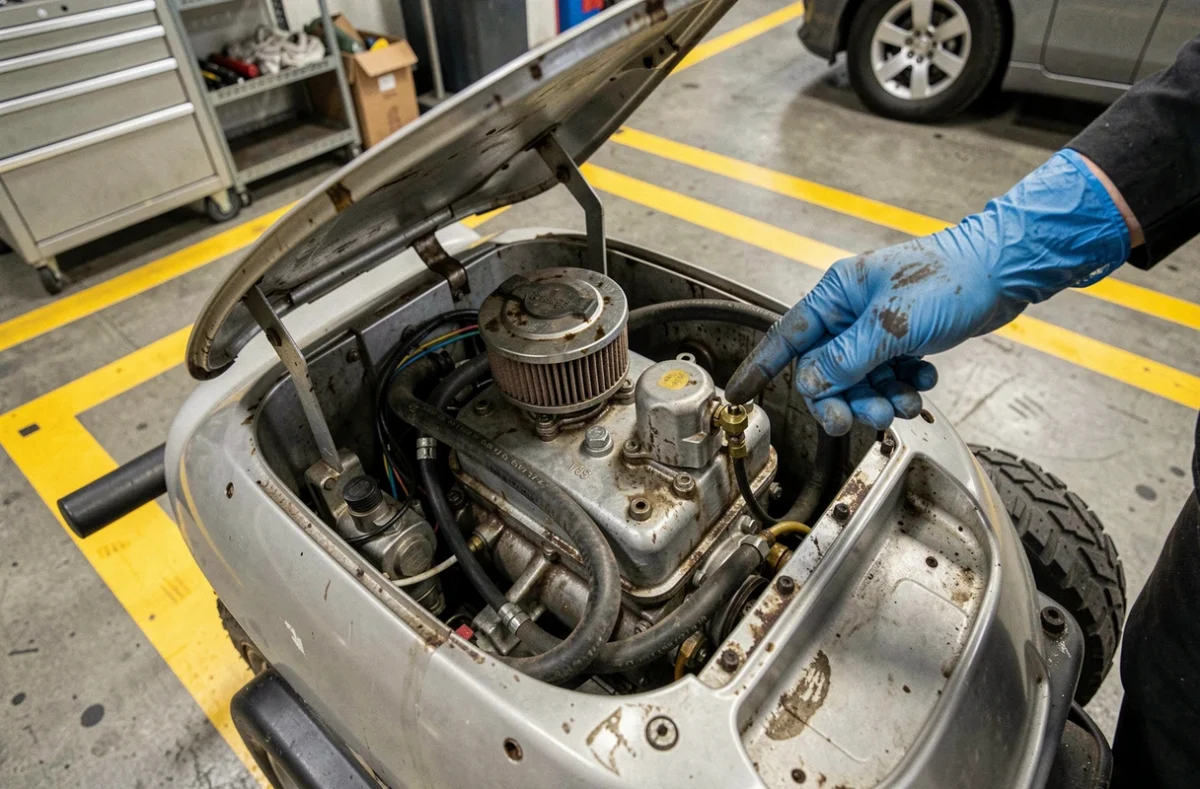 Mécanicien inspectant le moteur d'une voiture sans permis pour évaluer la consommation