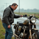 Motard homme examinant son moteur à la roadside