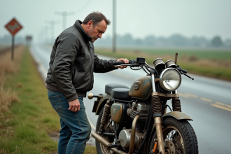 Motard homme examinant son moteur à la roadside