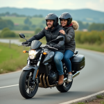 Motard et passagère sur une moto en campagne