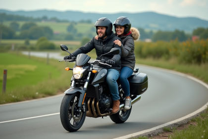 Motard et passagère sur une moto en campagne