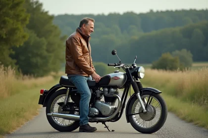 Homme en veste vintage à côté d'une moto ancienne