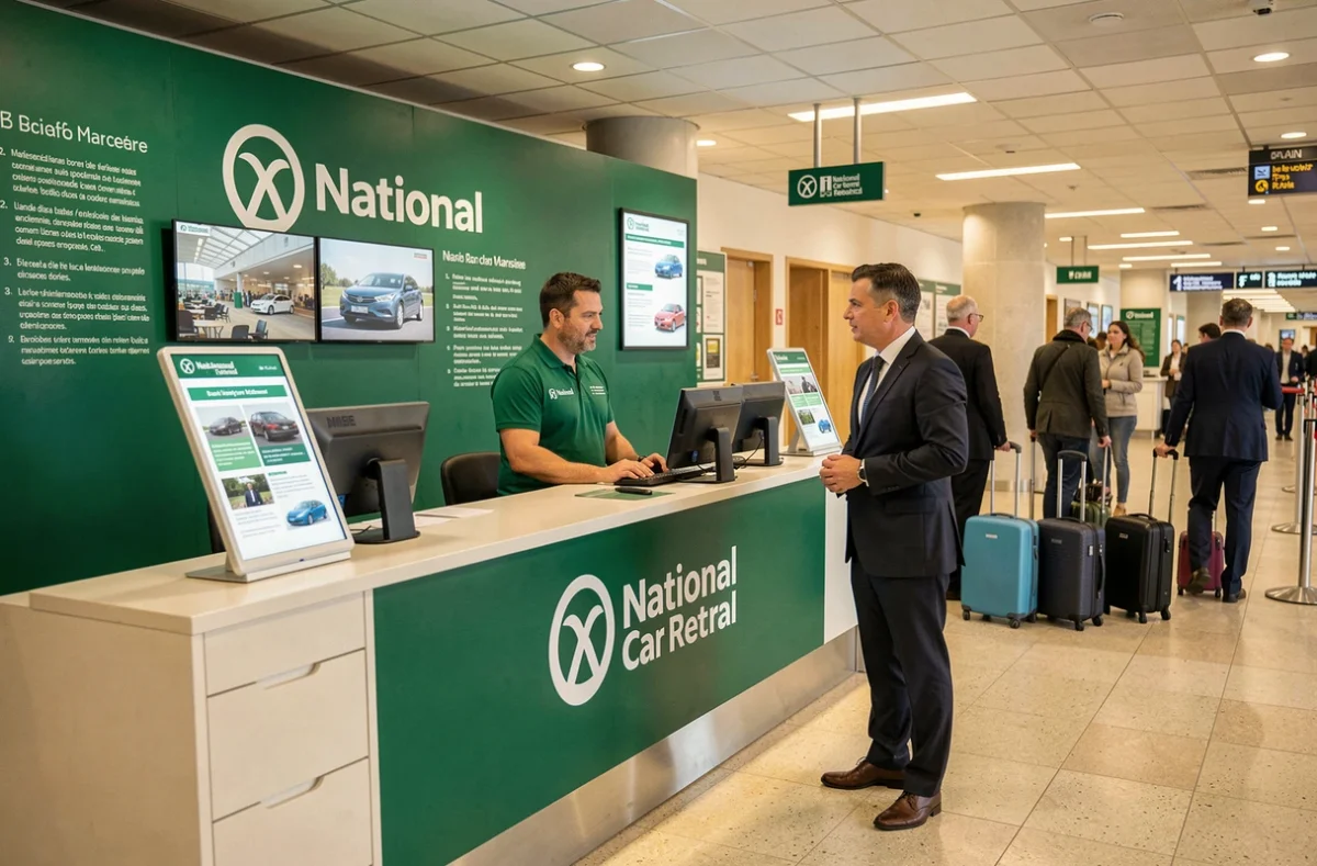 Bureau National Car Rental à Marseille avec son branding vert émeraude et un agent accueillant un client professionnel