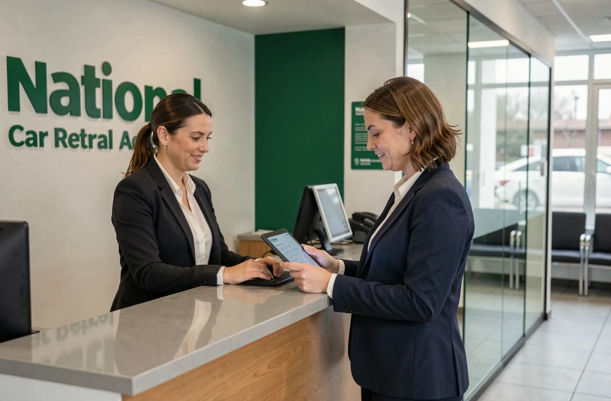Comptoir de l'agence National Car Rental à Saint-Étienne avec enseigne verte et agente traitant un contrat de location sur tablette