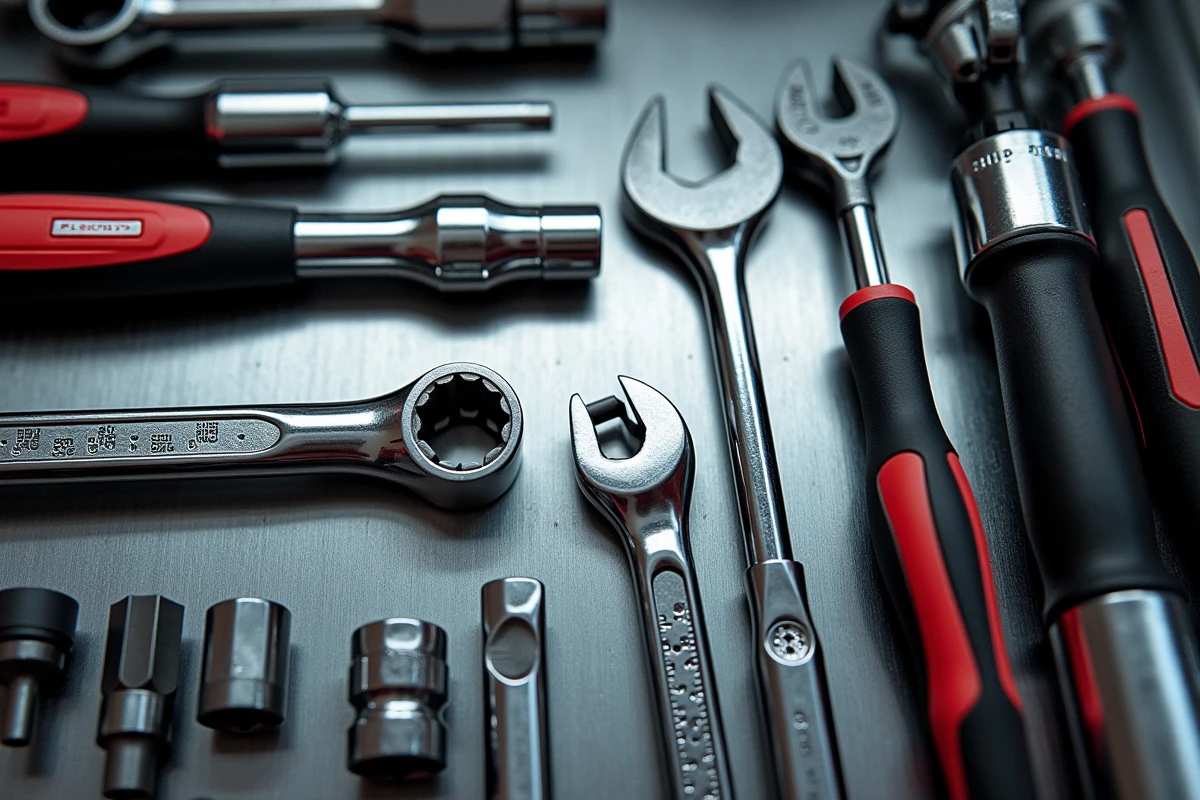 Ensemble d'outillage automobile professionnel haut de gamme disposé en flat lay sur établi en acier brossé, clés, douilles et outils de précision
