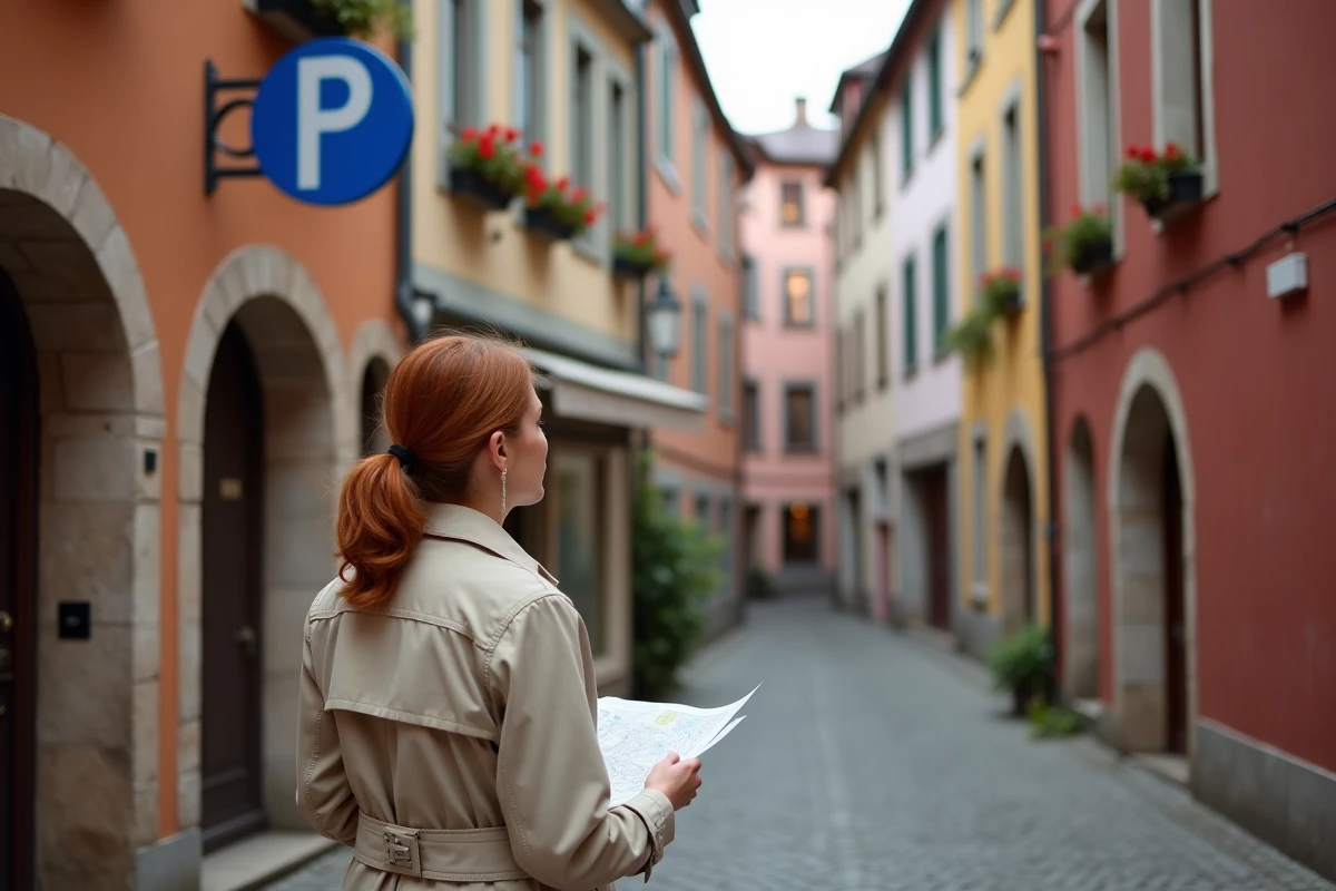 Femme cherchant un parking en consultant un panneau de stationnement dans une ruelle pittoresque de Colmar