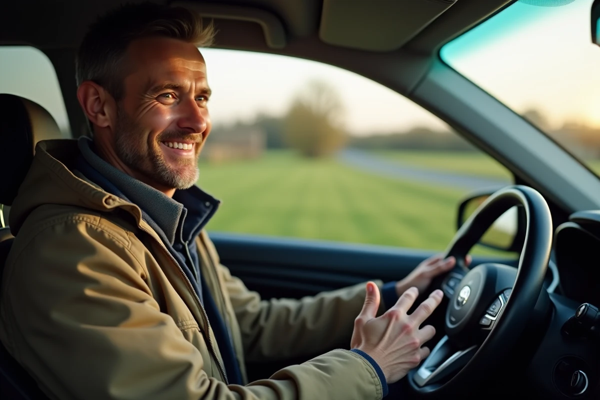 Père et fils souriants dans une voiture en campagne