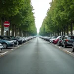 Grand parking public gratuit près du centre-ville de Versailles avec des rangées de voitures garées et des arbres en bordure
