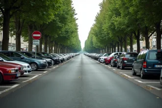Grand parking public gratuit près du centre-ville de Versailles avec des rangées de voitures garées et des arbres en bordure
