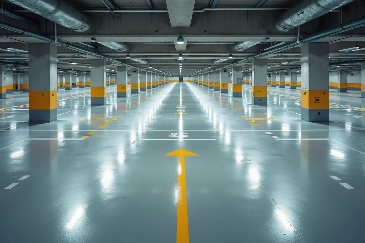 Vue aérienne d'un parking souterrain vide avec marquages au sol et dimensions des places de stationnement visibles
