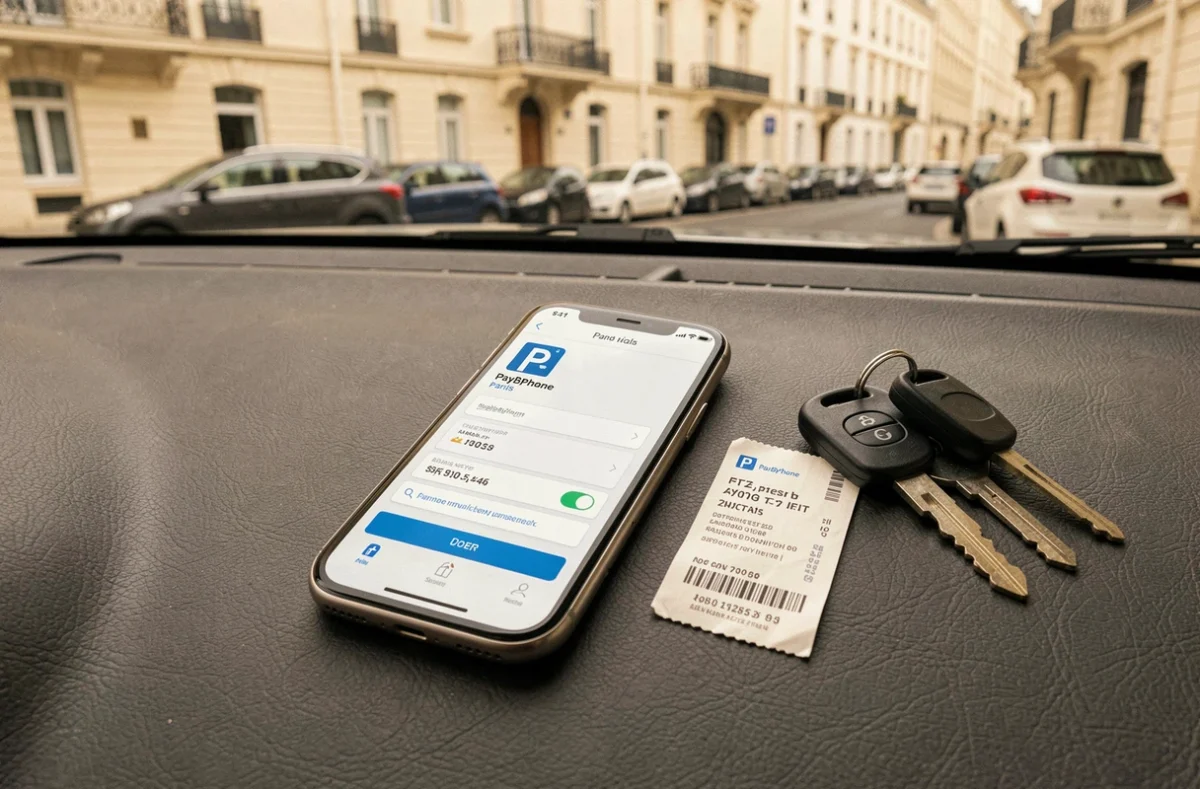 Smartphone affichant l'interface PayByPhone Paris posé sur le tableau de bord d'une voiture avec ticket de stationnement et clés