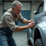 Hommes peignant une aile de voiture avec aérosol argenté