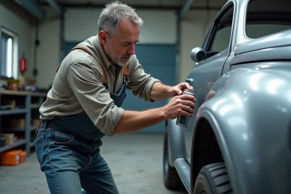 Hommes peignant une aile de voiture avec aérosol argenté