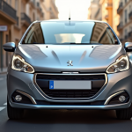 Peugeot 208 argentée stationnée en ville en extérieur