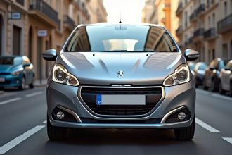 Peugeot 208 argentée stationnée en ville en extérieur