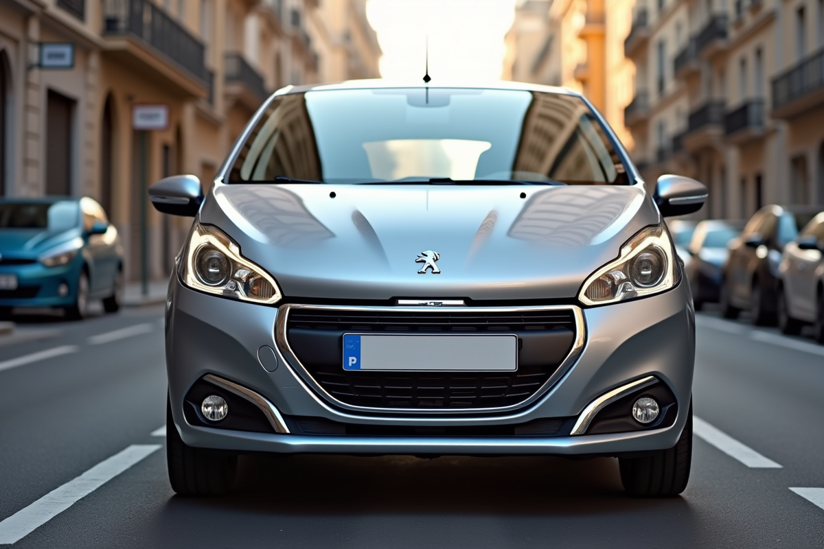 Peugeot 208 argentée stationnée en ville en extérieur