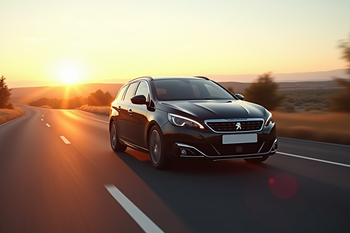 Peugeot 308 GT Line automatique sur route au coucher du soleil
